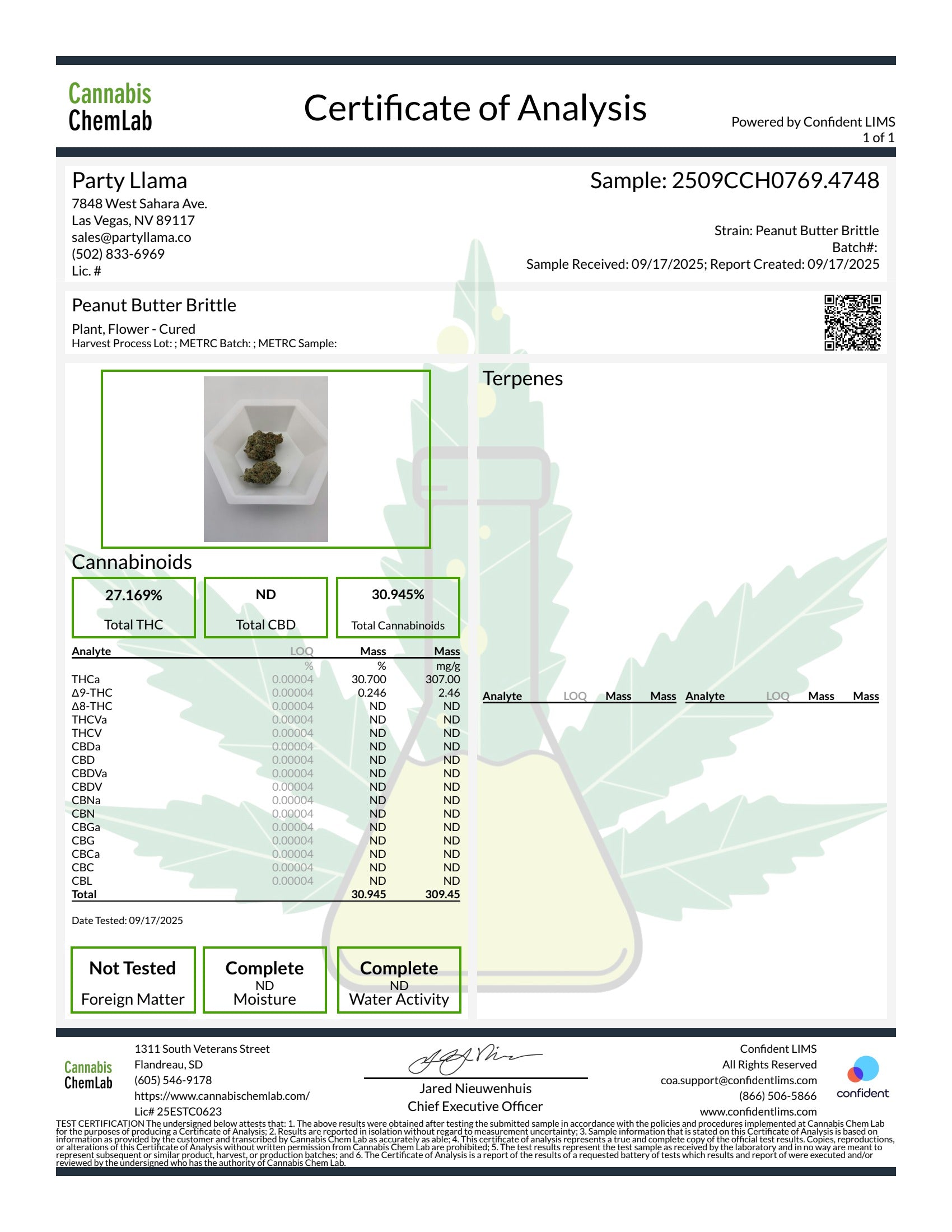 Certificate of Analysis for Peanut Butter Brittle with cannabis leaf design