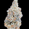Close-up of a dense Peanut Butter Brittle hemp bud with thick, frosty trichomes, showcasing green and orange tones that highlight its premium, high-potency appearance against a simple background