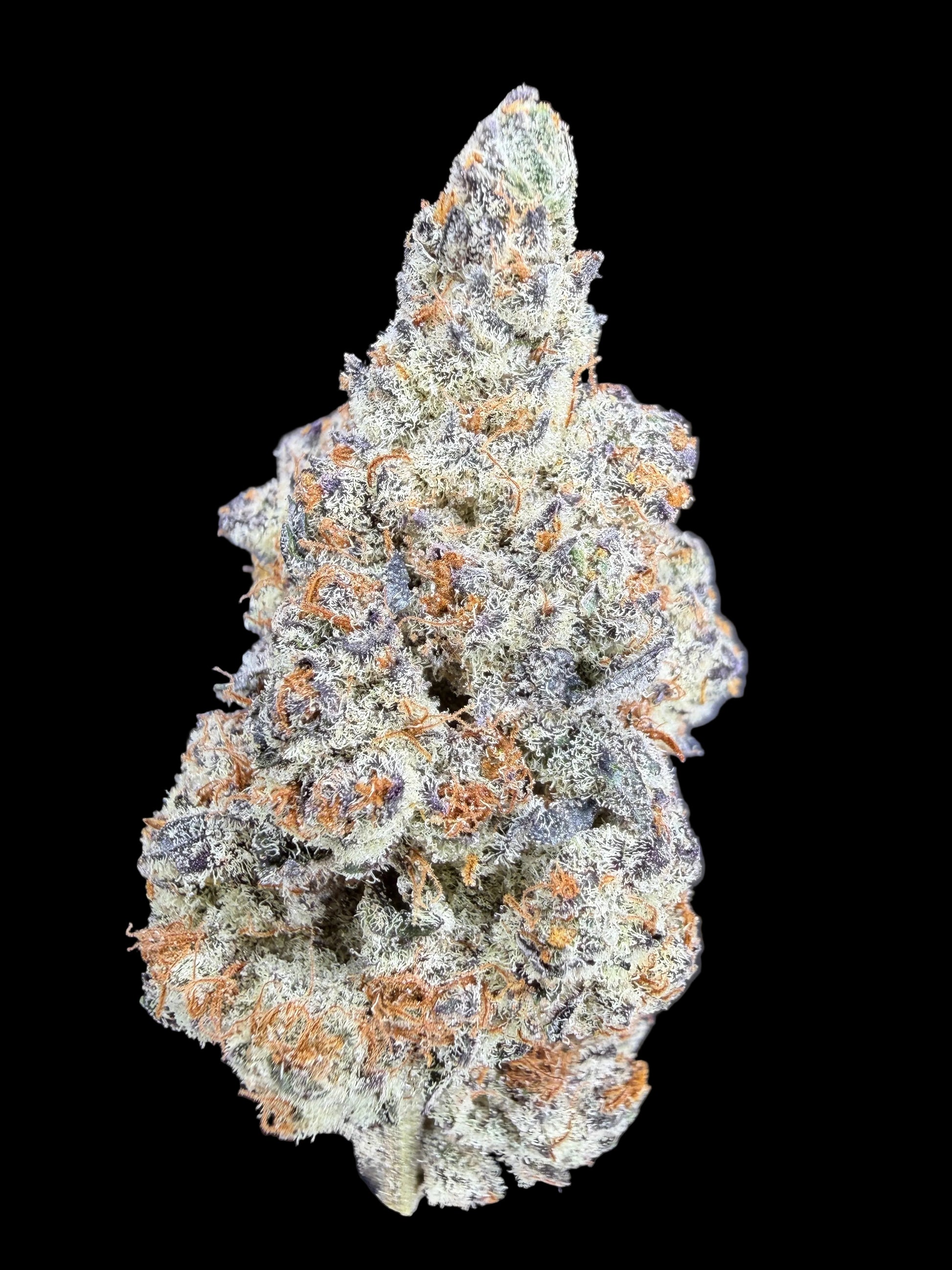 Close-up of a dense Peanut Butter Brittle hemp bud with thick, frosty trichomes, showcasing green and orange tones that highlight its premium, high-potency appearance against a simple background